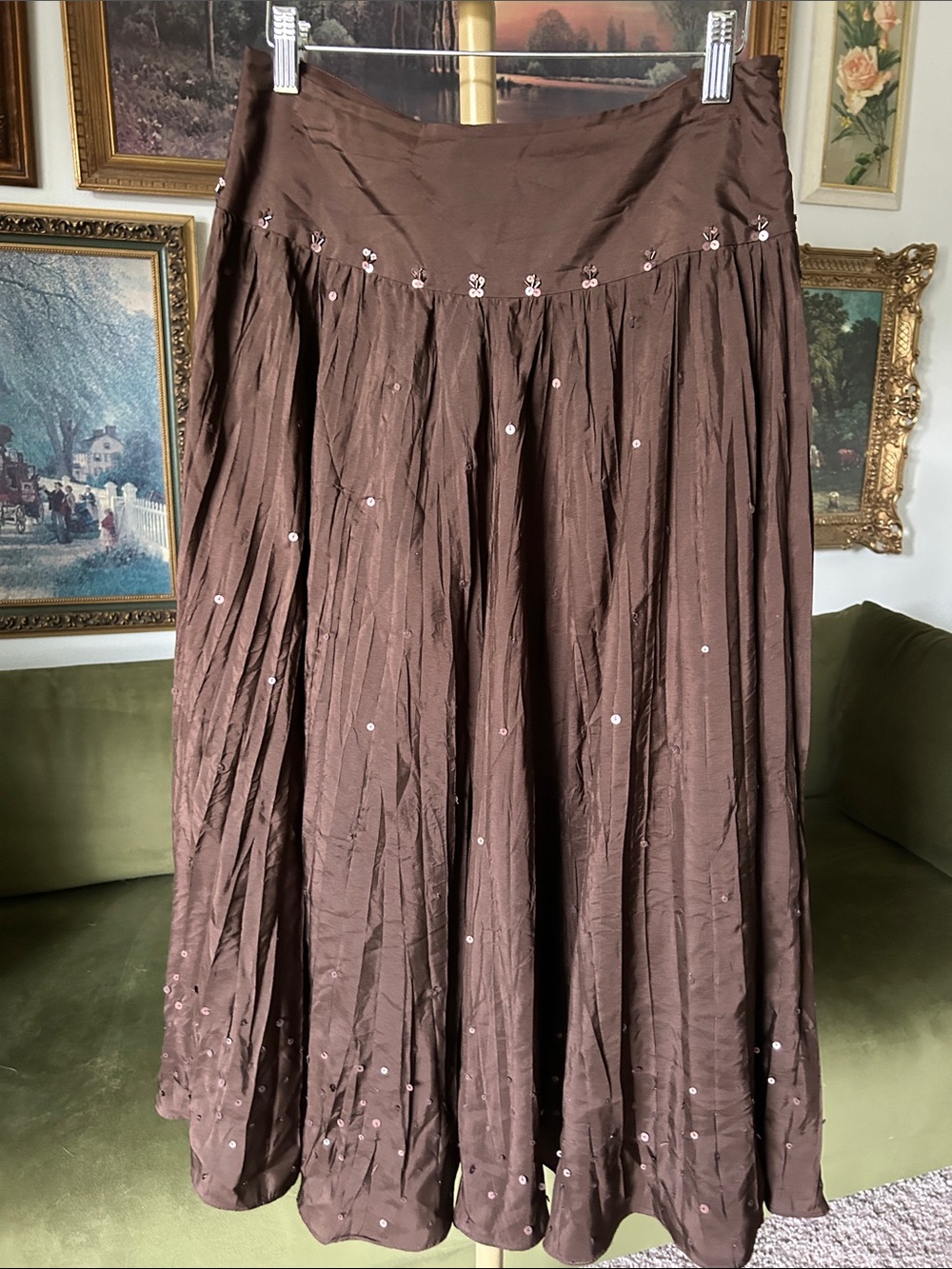 Vintage 100% Silk Laura Ashley Brown Skirt with Sequin Accents - Picture 3 of 5